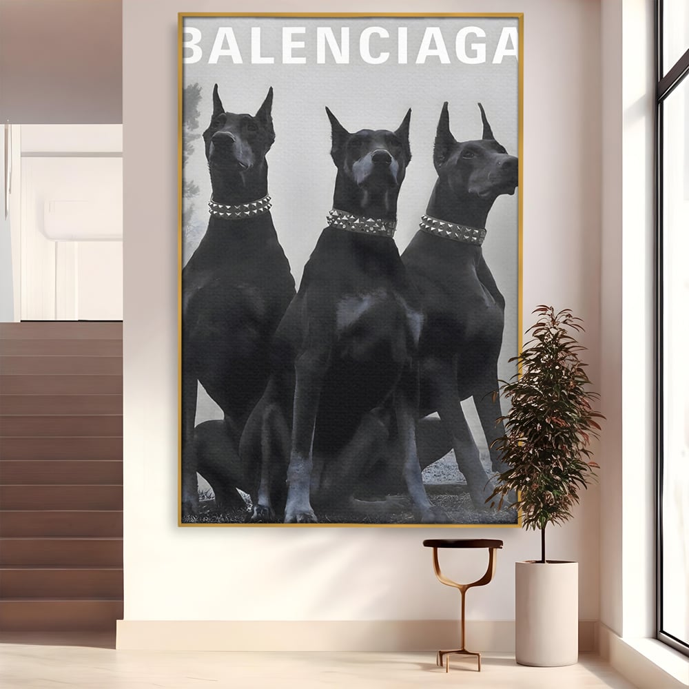 Tablou canvas cu tablou canvas cu trei dobermani, in rama de aluminiu auriu